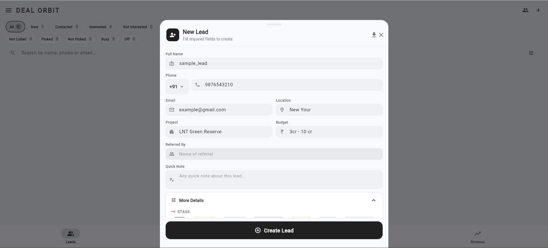 New lead creation form in Deal Orbit CRM