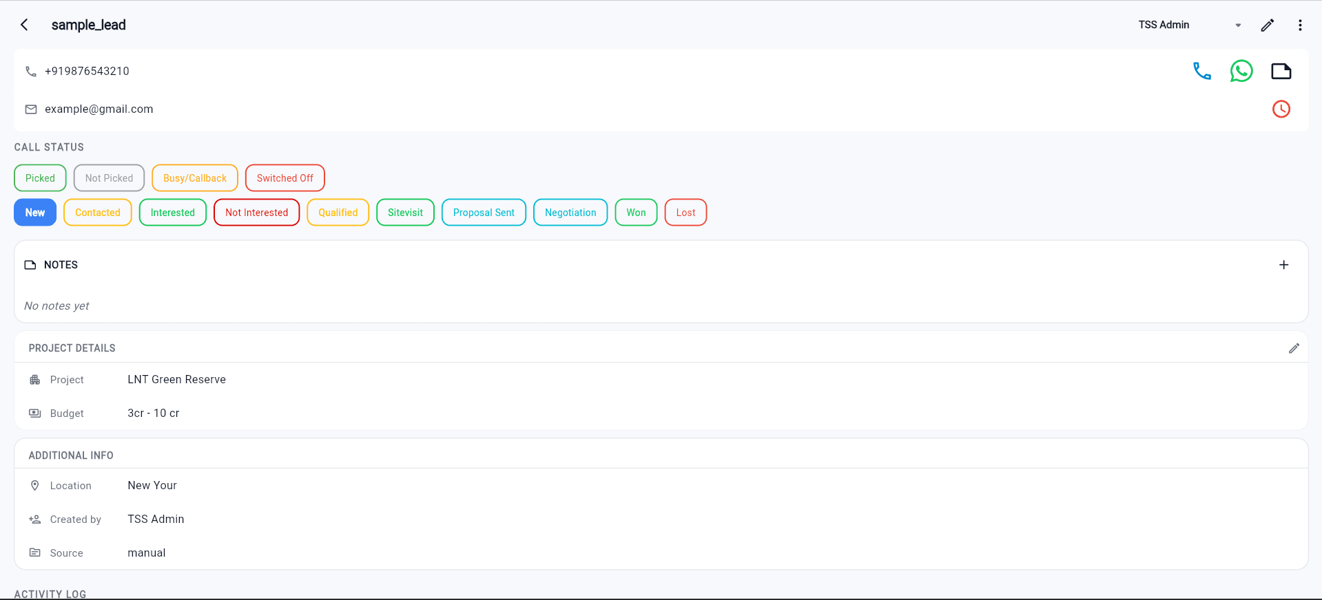 Lead detail workspace with call status and project details