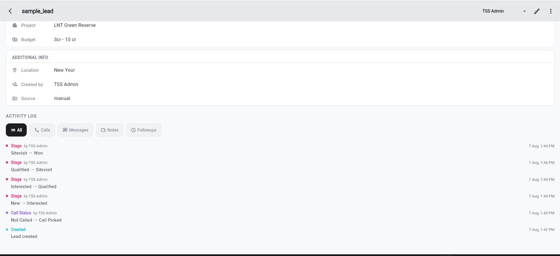 Timestamped activity log tracking every lead stage change