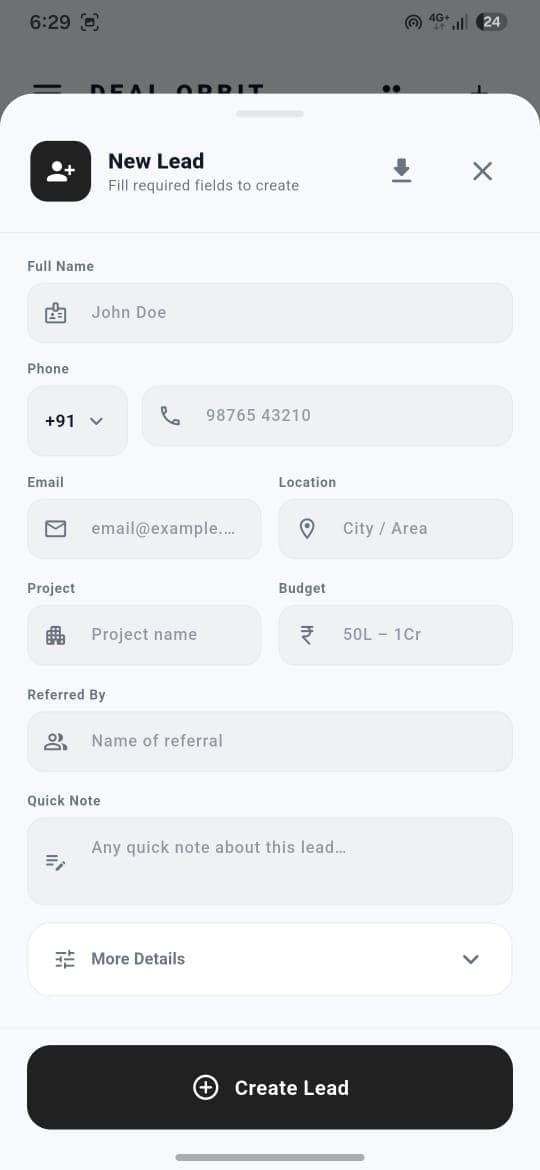 Mobile new lead form in Deal Orbit CRM