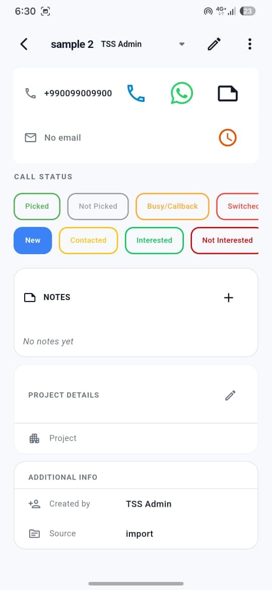 Mobile lead detail view with call, WhatsApp, and notes in Deal Orbit CRM