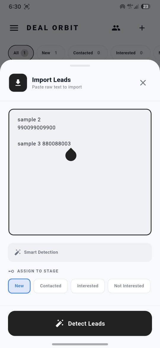 Mobile Smart Bulk Import screen in Deal Orbit CRM