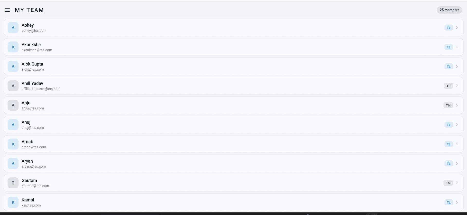 Team roster with 25 members and role tags