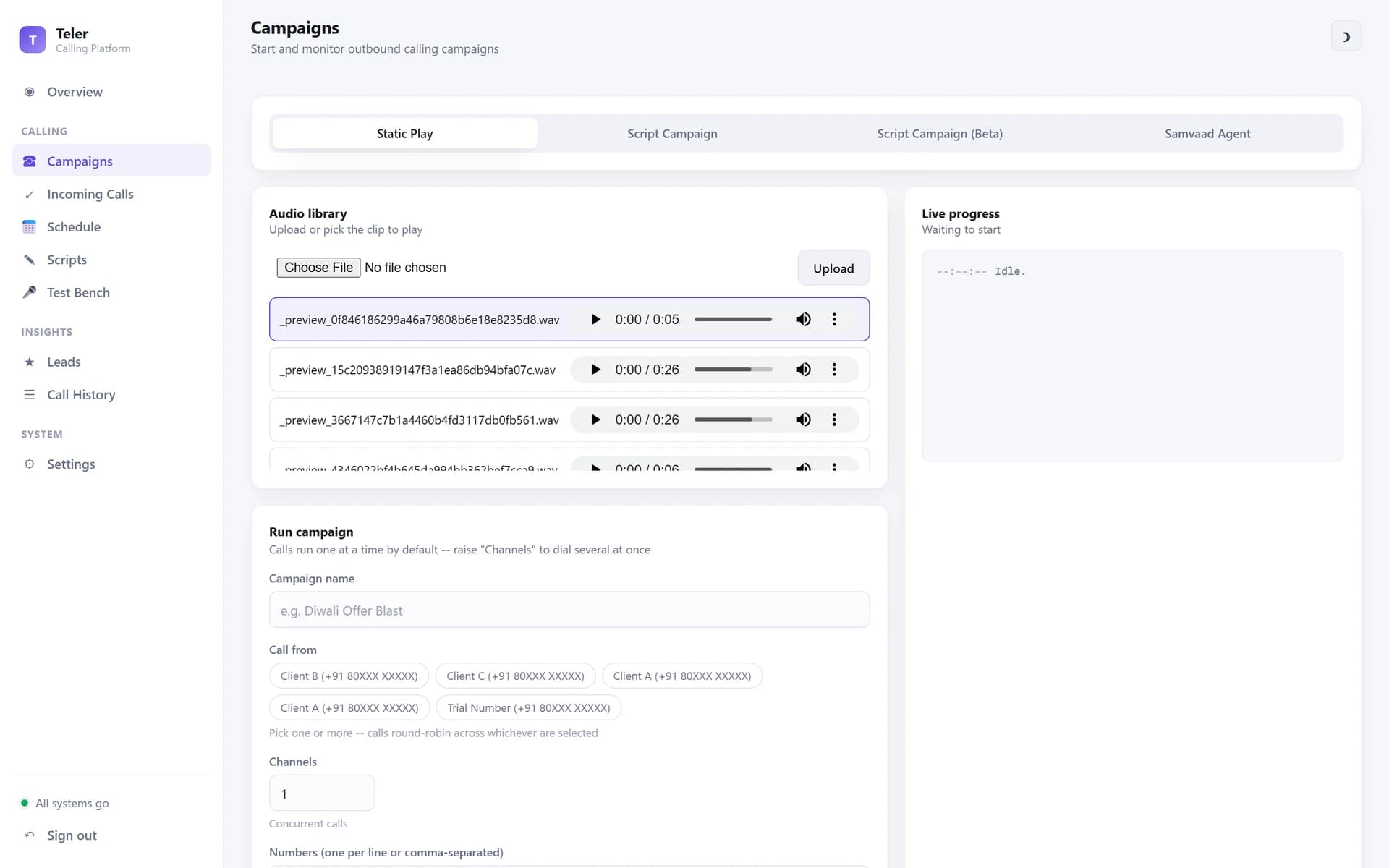 Static play campaign screen with an audio library, caller-number selection, concurrent channels and a numbers list