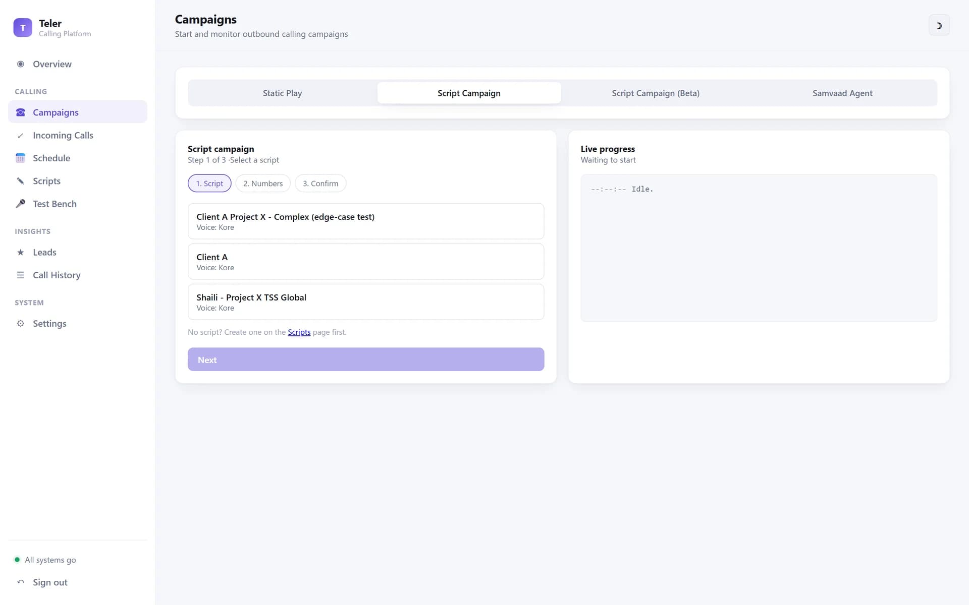 Three-step script campaign wizard: select a script, add numbers, confirm