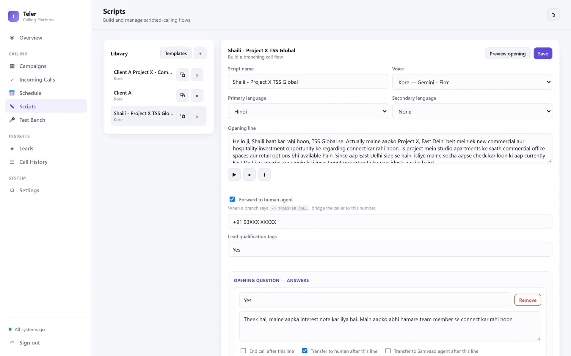 Script builder with voice, primary and secondary language, opening line, human-transfer number and lead-qualification tags
