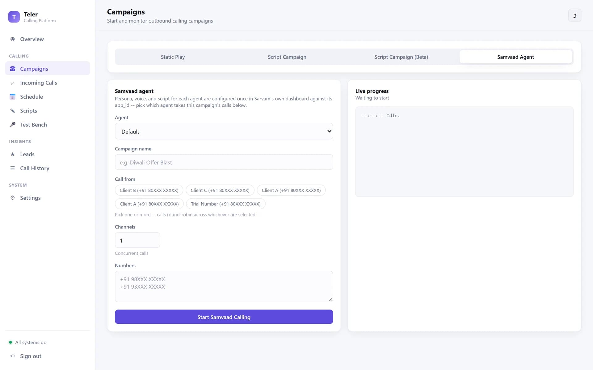 Real-time AI agent campaign form with agent selection, caller numbers, concurrent channels and live progress