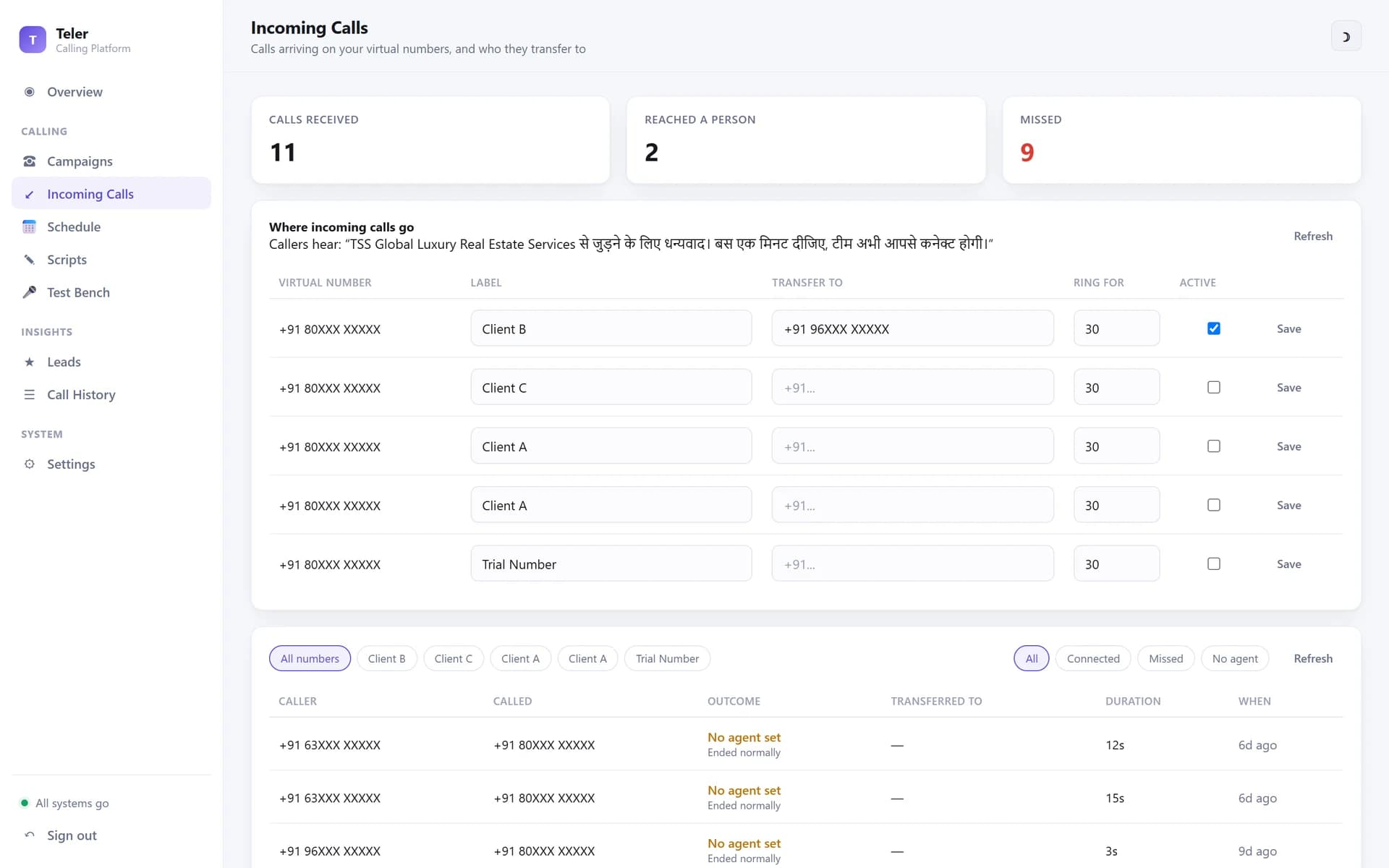 Incoming calls screen with virtual numbers, transfer-to numbers, ring duration and a call log with outcomes