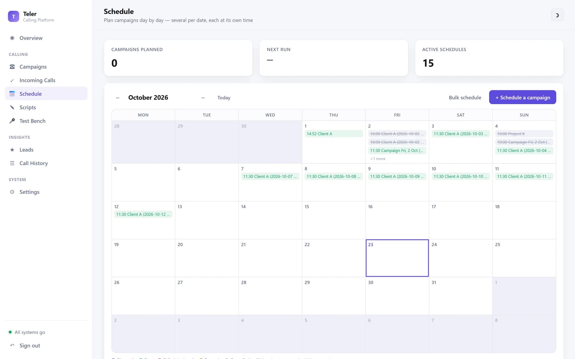 Calendar scheduler showing planned, completed and cancelled campaigns by day
