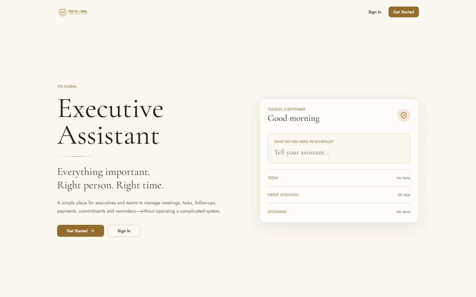 Executive Assistant landing page — Everything important. Right person. Right time.