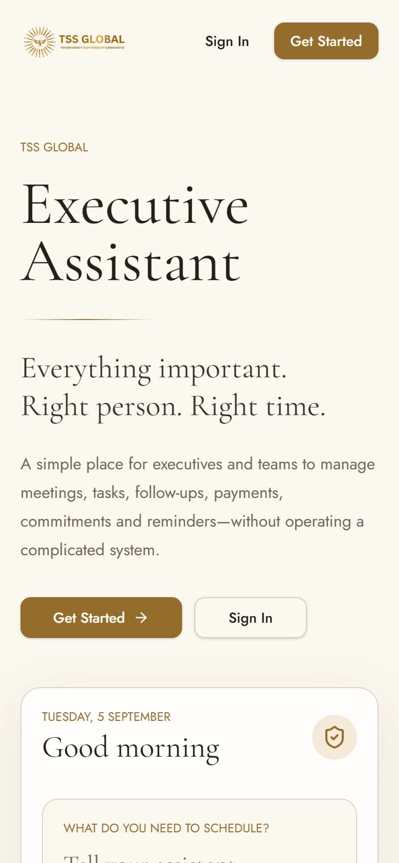 Executive Assistant landing page on a phone