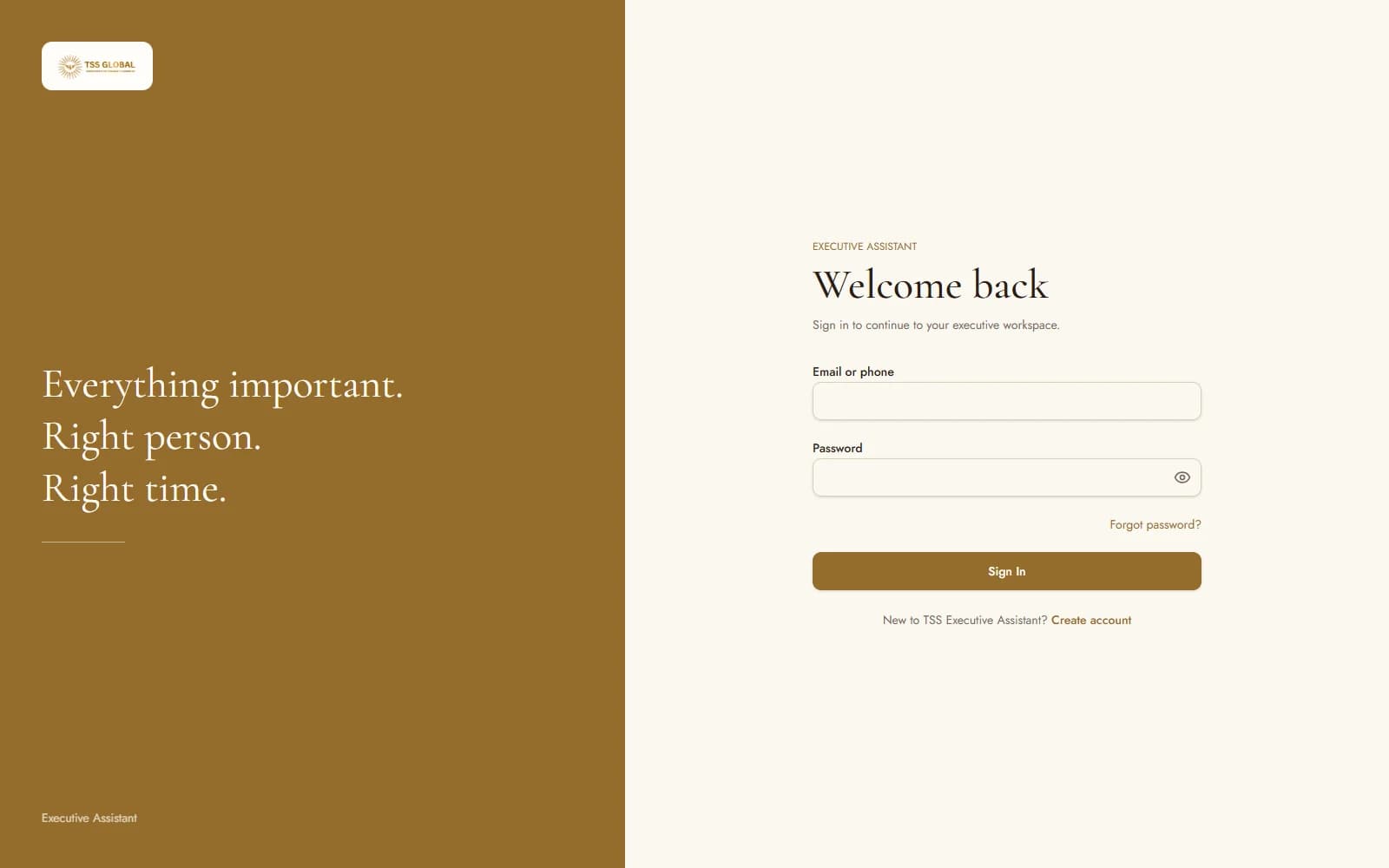 Executive Assistant branded sign-in screen