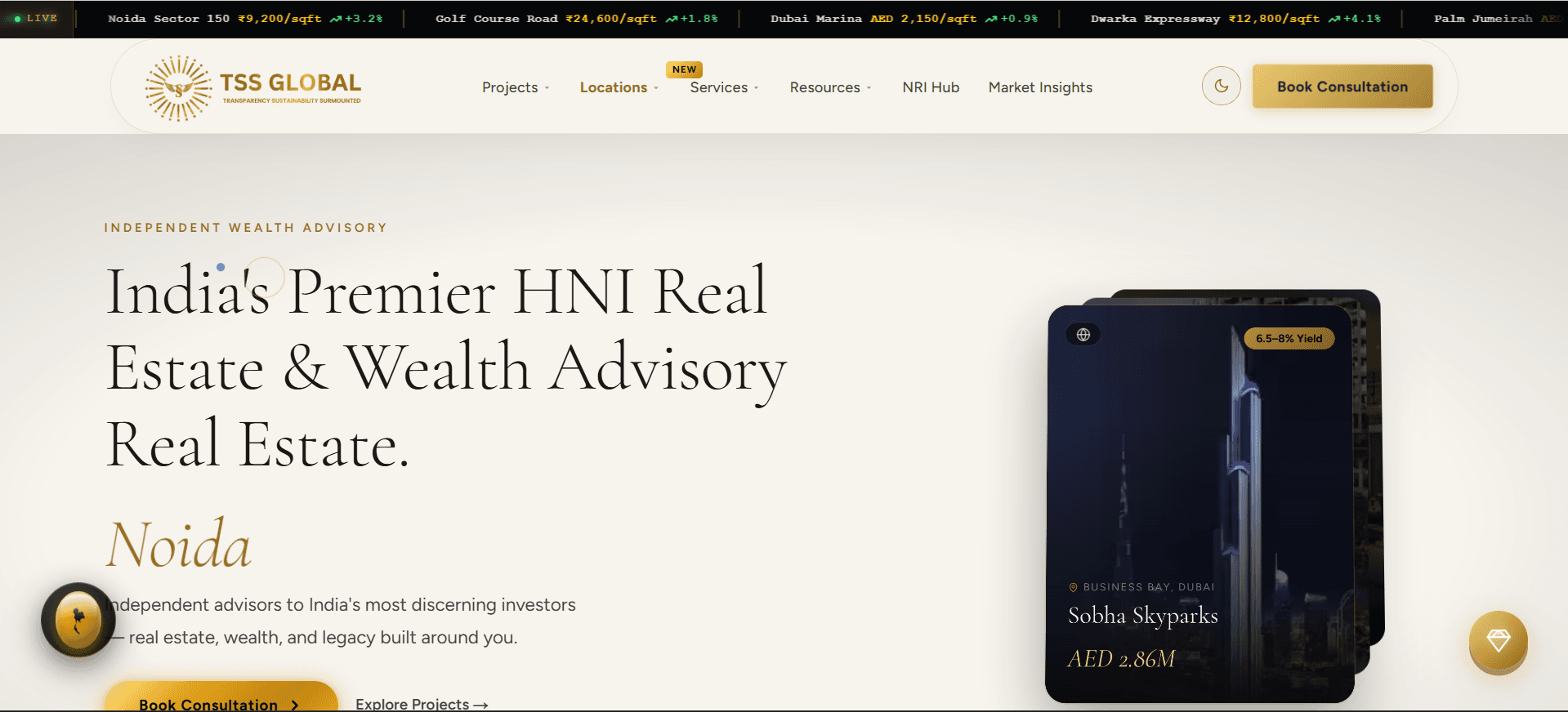 TSS Global homepage hero with live real estate market ticker